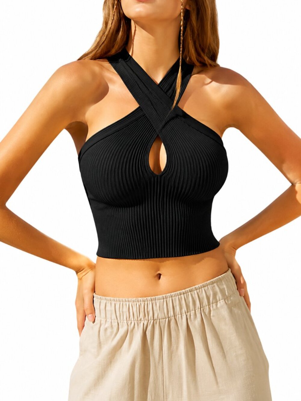 Anthropologie House of Harlow 1960 Ribbed Halter Top Black Size Medium